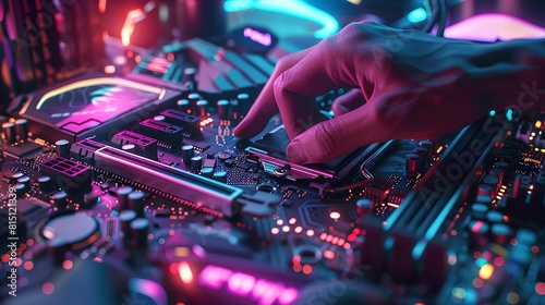 A close-up of a person's hand interacting with an electronic circuit board with a lot of colorful lights.
