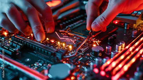 A technician is repairing a computer motherboard.
