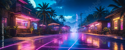 Synthwave 80's retro tropical beach town, neon light, night street, cyberpunk futuristic background, shops, palms, sea coast, neon vaporwave illustration