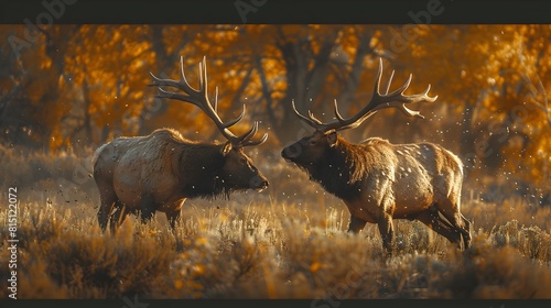 Two Male Elk Locking Antlers in Dramatic Battle for Mating Rights During Autumn Sunset