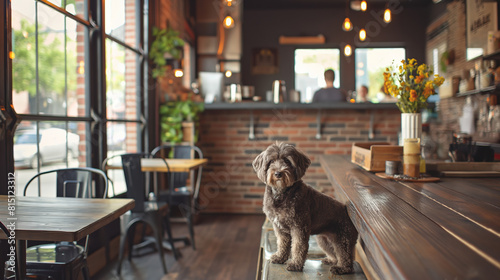 Small dog sitting on stool in pet friendly bar or cafe with bartender in background, copy space