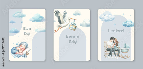 Baby Shower invitation templates with watercolor cute design elements.