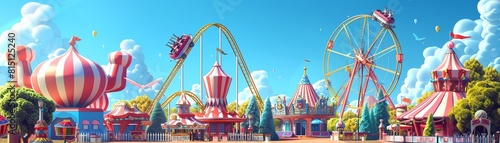 3D amusement park with roller coasters and funfair games,3D vector illustrations