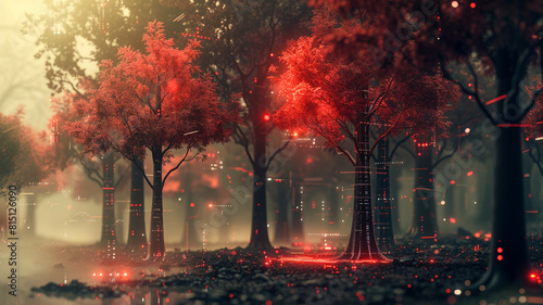 A digital forest ablaze with red foliage, where each tree represents a different facet of AI technology branching out.