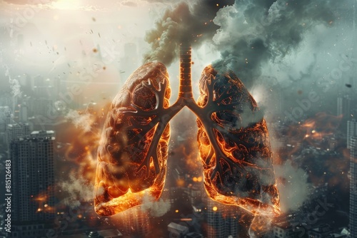 A pair of lungs are on fire in a city. Concept of destruction and chaos