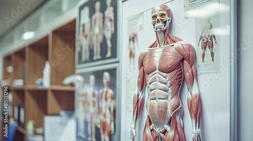  Anatomical chart of the human muscular system hanging in a medical office for patient education.