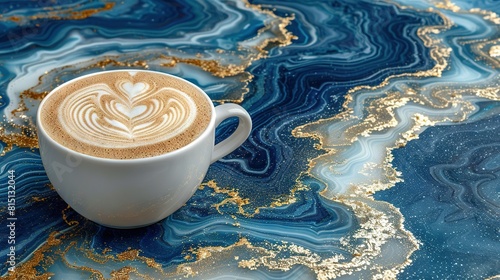  A blue and gold marbled table holds a cup of cappuccino adorned with a heart design