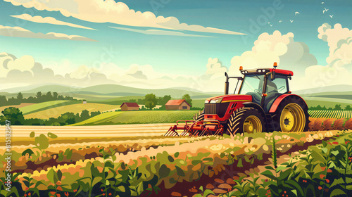 Farm rural landscape with tractor on the field