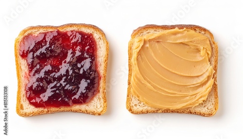 Peanut butter and jelly sandwich on bread or toast isolated on white background. Breakfast or lunch snack. Vegetarian food. American cuisine top view of two halves un cut with spread and jam on both