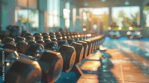  Dumbbells lined up in gym, focus on fitness, morning routine, strength training .