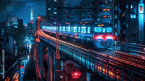  Elevated train line lit at night, trains passing â€“ Elevated glow.