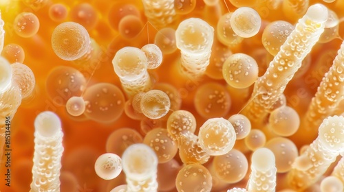  High magnification image of yeast cells fermenting, important for both brewing and biofuel industries.