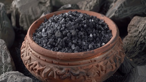  Kala namak (black salt), Indian volcanic rock salt, in a clay bowl.
