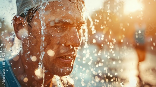  Marathon runner cooling down with water over head, relief after race, refreshment .