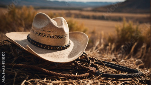 Cowboy Essentials, Close-Up of a Weathered Hat and Lasso Against a Rural Backdrop
