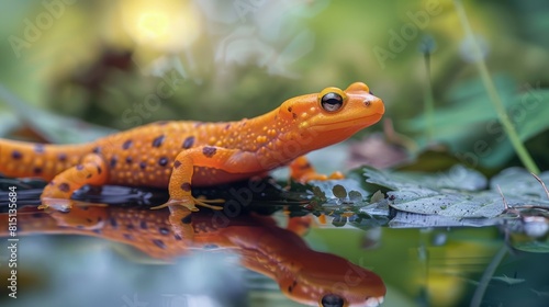  Red-spotted newt in pond, vibrant transformation, lifecycle.