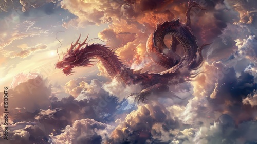 Fantasy of chinese dragon flying on clouds. AI generated image