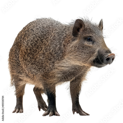 A wild boar stands confidently in front of a plain white backdrop, a peccary isolated on transparent background