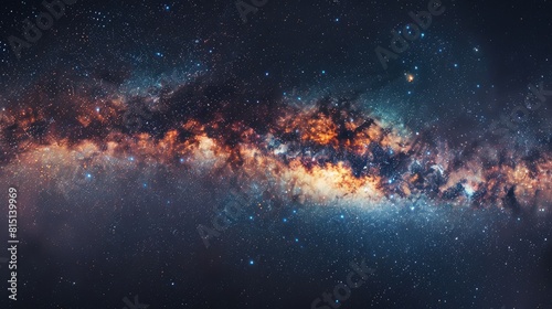 Capture the breathtaking night scenery of the Milky Way Galaxy adorned with a vibrant palette of stardust and cosmic particles in the vast expanse of the universe