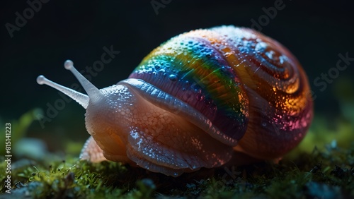 A multicolored snail, Snail in magical fairy forest, Colorful snail, comic art snail, snail with a colored shell snail moves with elegance and grace