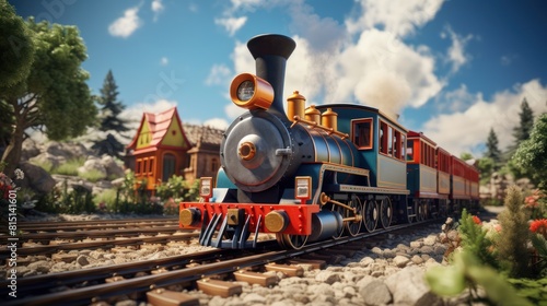 Explore the miniature landscape of a toy railroad model as the locomotive and cars move elegantly along narrow tracks with timeless charm.
