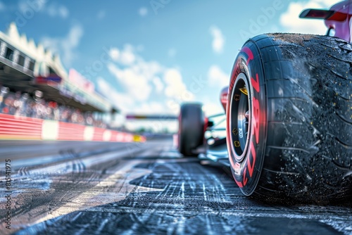 A close up of a race car's tire. Concept of speed and excitement, as it captures the moment of a race car taking off from the starting line