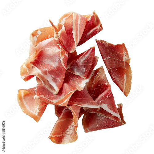 A collection of prosciutto slices neatly stacked on a plain white surface, a Prosciutto slices isolated on transparent background