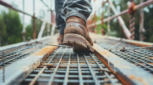 Close up of worker walking on metal platform at construction site 