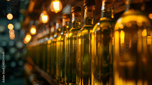 Rows of illuminated liquor bottles in a bar.