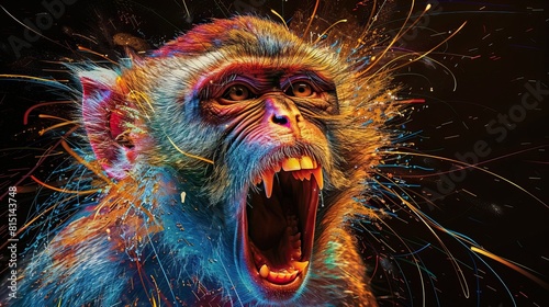 A vibrant and dynamic image of a baboon with a splash of neon colors