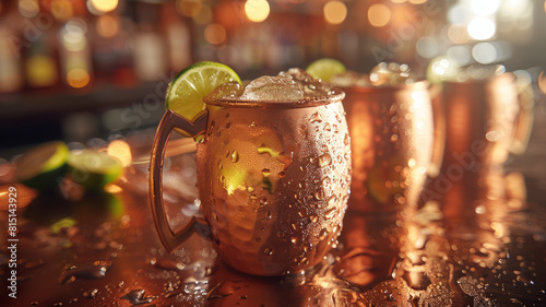 A copper mug with a moscow mule cocktail.