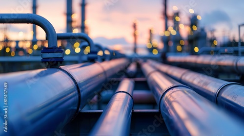Oil and gas pipelines in industrial zone at sunset