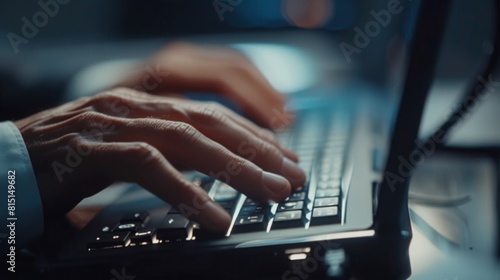Hands Typing on Laptop Keyboard in Office