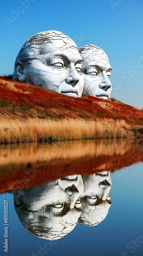 Two large white statues of faces are reflected in the water. The reflection of the statues is very clear and the water is calm. The scene is serene and peaceful, with the statues