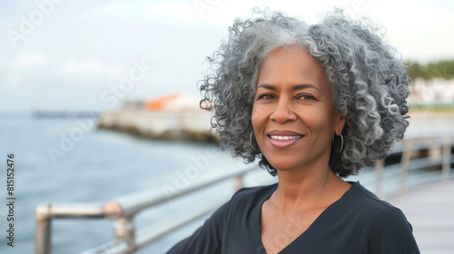 A woman with gray hair is smiling and standing on a pier by the water. Lifestyle portrait of happy mature black woman with curly gray hair walking along idyllic waterfront boardwalk