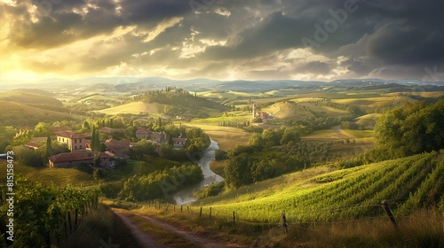 a scene reminiscent of Leonardo da Vinci's style, depicting a serene countryside with rolling hills, a winding river, and a distant village under a dramatic sky