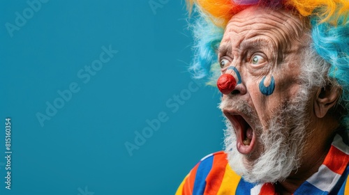 An elderly man dressed as a clown displaying a surprised expression with his mouth wide open