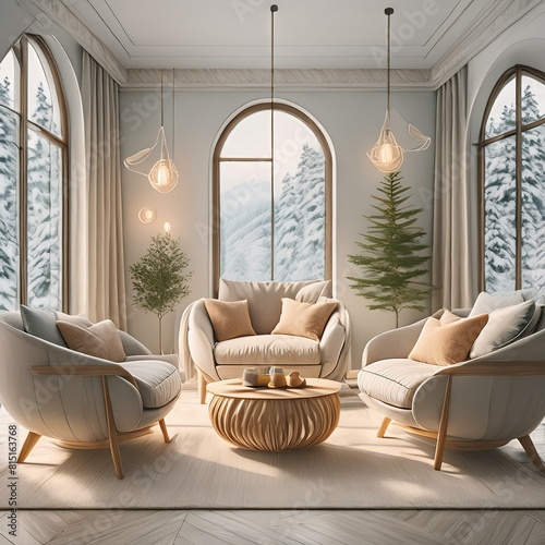 Salón luminoso moderno con grandes sillones acogedores con un estilo nórdico, creada con IA generativa 