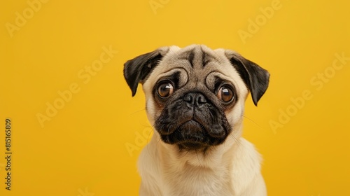 adorable puppy dog pug breed with sad and serious face on bright yellow background. Generative Ai