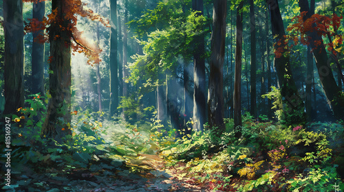 featuring sunlight filtering through the dense foliage, casting dappled shadows on the forest floor, and highlighting the vibrant colors of the flora and fauna