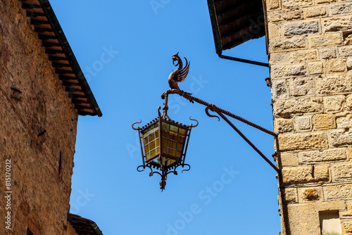 Iron dragan lantern, historic center of Volterra, Tuscany, Italy, Europe