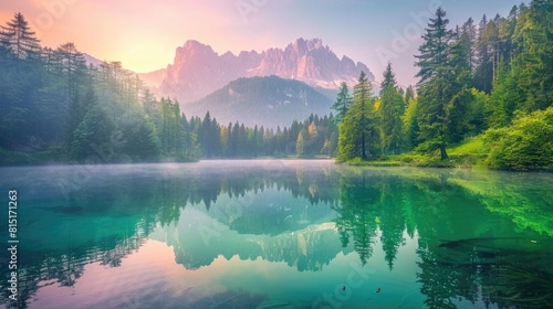 Nature Scape. Julian Alps Forest with Calm Lake, Colorful Sunrise in Italy