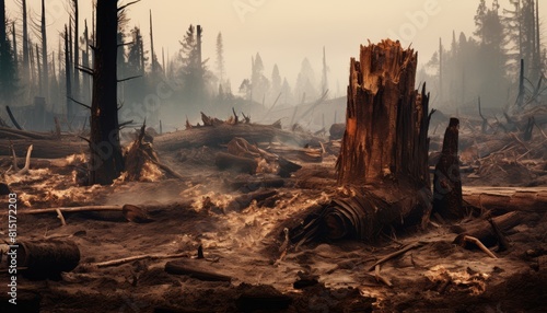 Devastated forest landscape after a severe wildfire, with burnt trees and ash-covered ground
