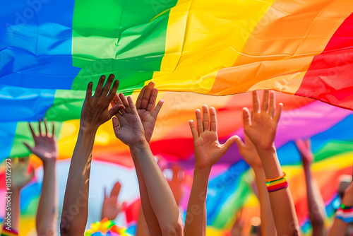 A supporting hand waves in front of a rainbow flag flying on the sidelines of a summer Pride Parade
