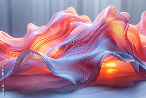 A dynamic 3D shape with a holographic texture, capturing the fluid motion and ever-changing colors of light refraction.