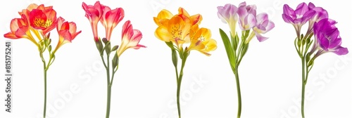 Color freesia flowers isolated, freesia buds set, blossoms collection on white background