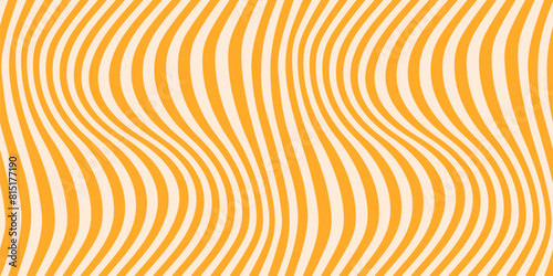 Groovy vector seamless pattern with curved lines, wavy stripes, yellow waves. Abstract distorted background. Dynamical rippled texture, 3D effect, illusion of movement. Repeated trendy geo design