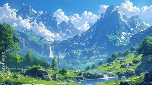 Anime style landscape of mountains and a valley with a waterfall