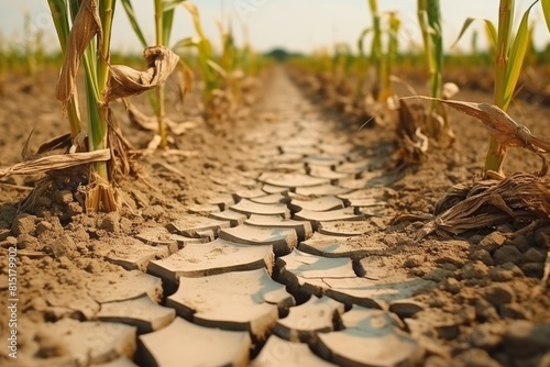A parched corn field displaying severe drought conditions with deeply cracked earth. Drought in Corn Field with Cracked Soil