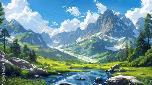 Anime style scenic view of mountains and a valley